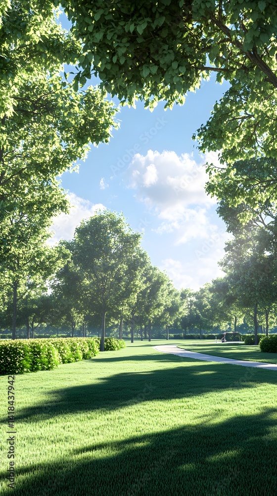 Rendering park with trees and bushes green Rendering park with trees and bushes green