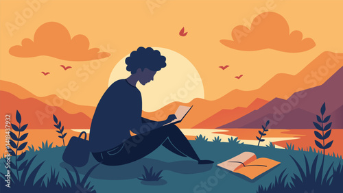 A silhouette of a person sitting on a blanket in a grassy field the warm light of the sunset cascading over them as they write in a journal.. Vector illustration