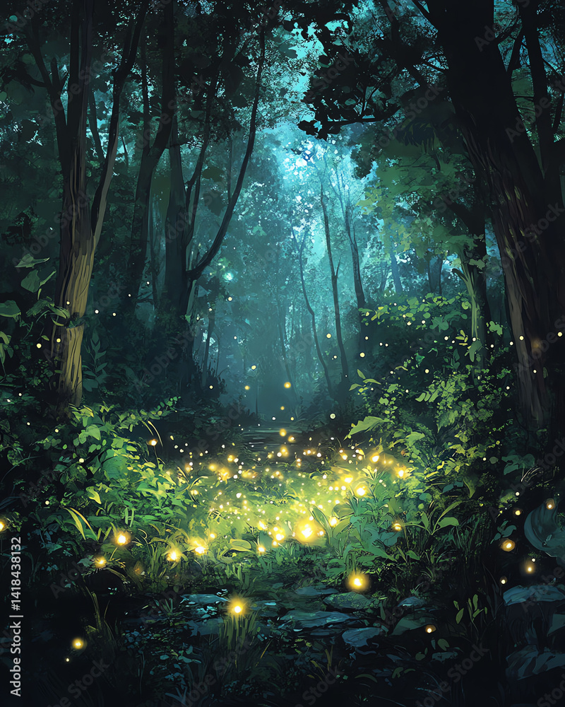Enchanted Night Forest Glowing Fireflies Illuminate Magical Path Enchanted Night Forest Glowing Fireflies Illuminate Magical Path