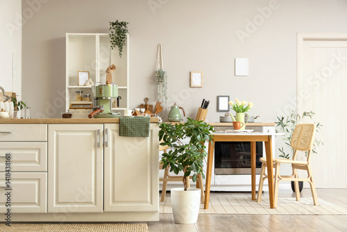 Interior of stylish kitchen with white counters, houseplant and different utensils