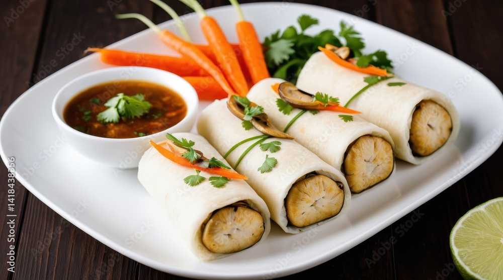 Delicious vegan sushi rolls garnished with fresh cilantro and vegetables, elegantly arranged on a white plate for an appetizing presentation Delicious vegan sushi rolls garnished with fresh cilantro and vegetables, elegantly arranged on a white plate for an appetizing presentation