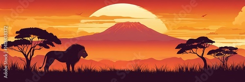landscape illustration Lion on savanna background mountain sunset