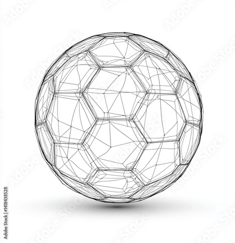A wireframe soccer ball with hexagonal and pentagonal faces on a white background