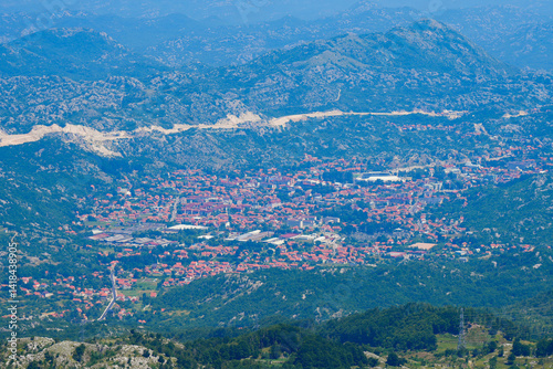 Obraz na płótnie Aerial view of Cetinje, the former capital of Montenegro in the Balkans, from Mount Lovcen w salonie