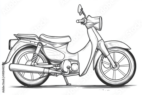 Illustration of a classic motorcycle with detailed line work on a white background