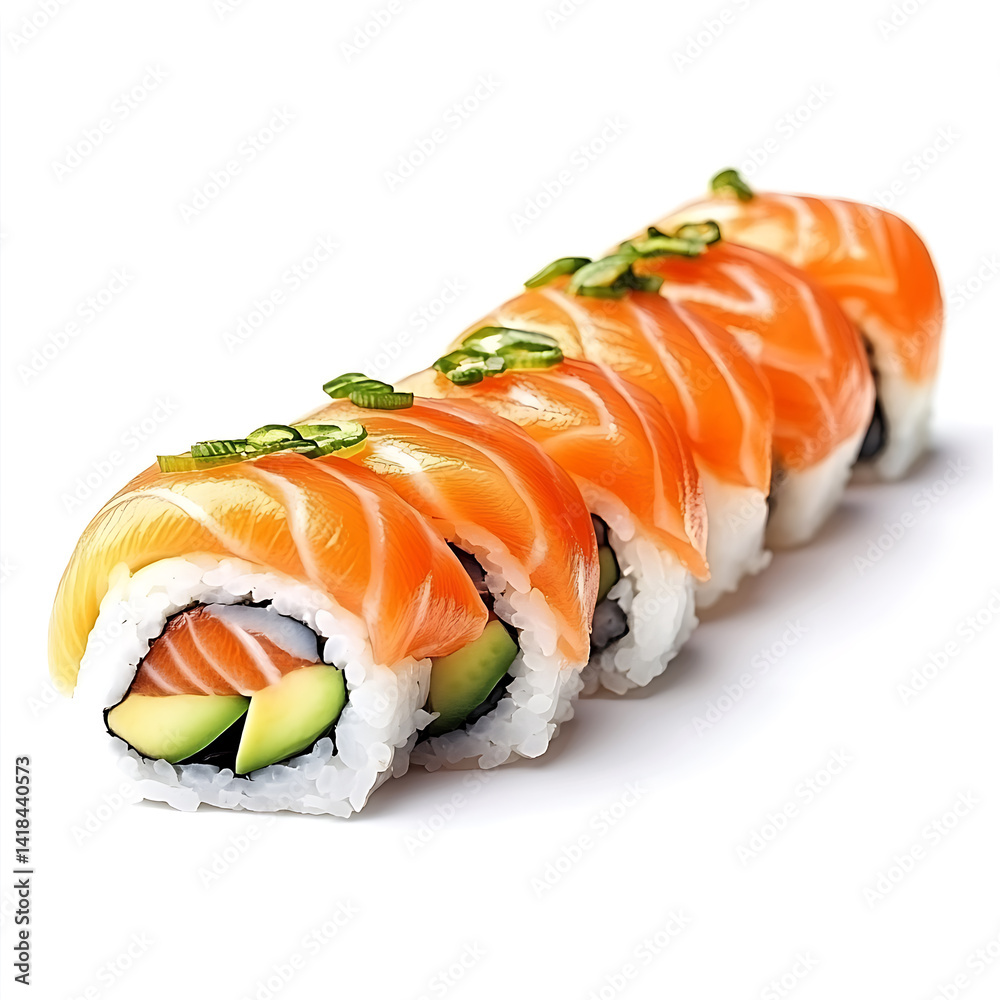 Sushi rolls with salmon and avocado, isolated white background, realistic art style Sushi rolls with salmon and avocado, isolated white background, realistic art style