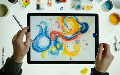 Creative digital art workflow featuring hands engaged in drawing colorful designs on a tablet