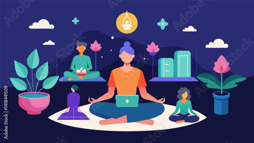 A virtual retreat center where users can customize their personal meditation space with elements like candles plants and soothing sounds while also. Vector illustration