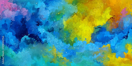 Vibrant Watercolor Splash Painting with Blue Yellow and Pink Blended Together Beautifully