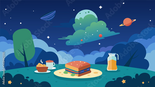A backyard picnic turned stargazing session complete with sandwiches and a view of the Milky Way.. Vector illustration