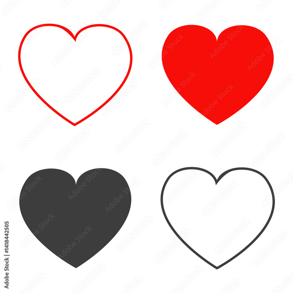 set of hearts. Hearts in red, black, white, and outline display a range of love symbols and emotions. set of hearts. Hearts in red, black, white, and outline display a range of love symbols and emotions.