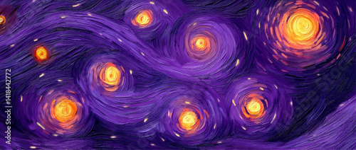 Night sky with swirling purple clouds and glowing orange lights resembling stars, artistic style