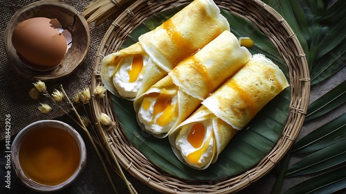 Thailand traditional street food of Thai crepes khanom buang filled sweet coconut cream and golden egg yolk threads captured in top down view on bamboo platter for festive Thai dessert theme photo
