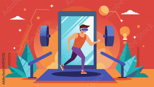 Experience the thrill of tackling obstacle courses and challenges with the virtual realityenhanced fitness mirror perfect for intense HIIT workouts.. Vector illustration