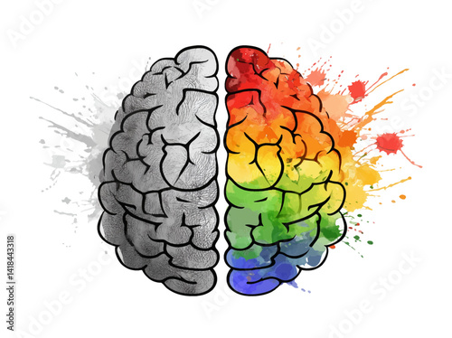 Brain hemispheres shown as creative and logical thinking with watercolor painting style
