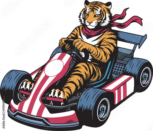 Tiger playing go kart illustration