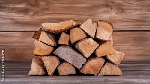 Stacked firewood against wood background