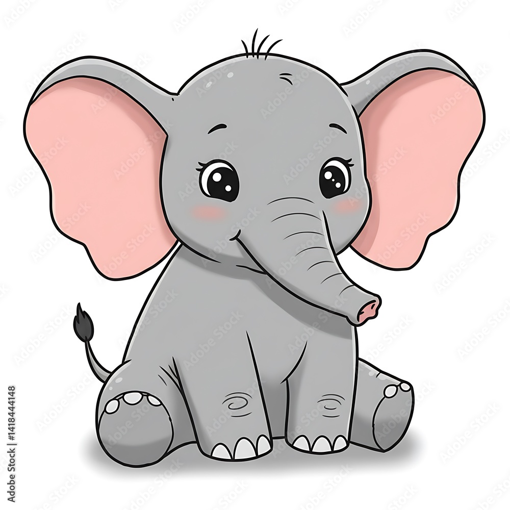 Fototapeta premium Baby cartoon elephant with big ears illustration