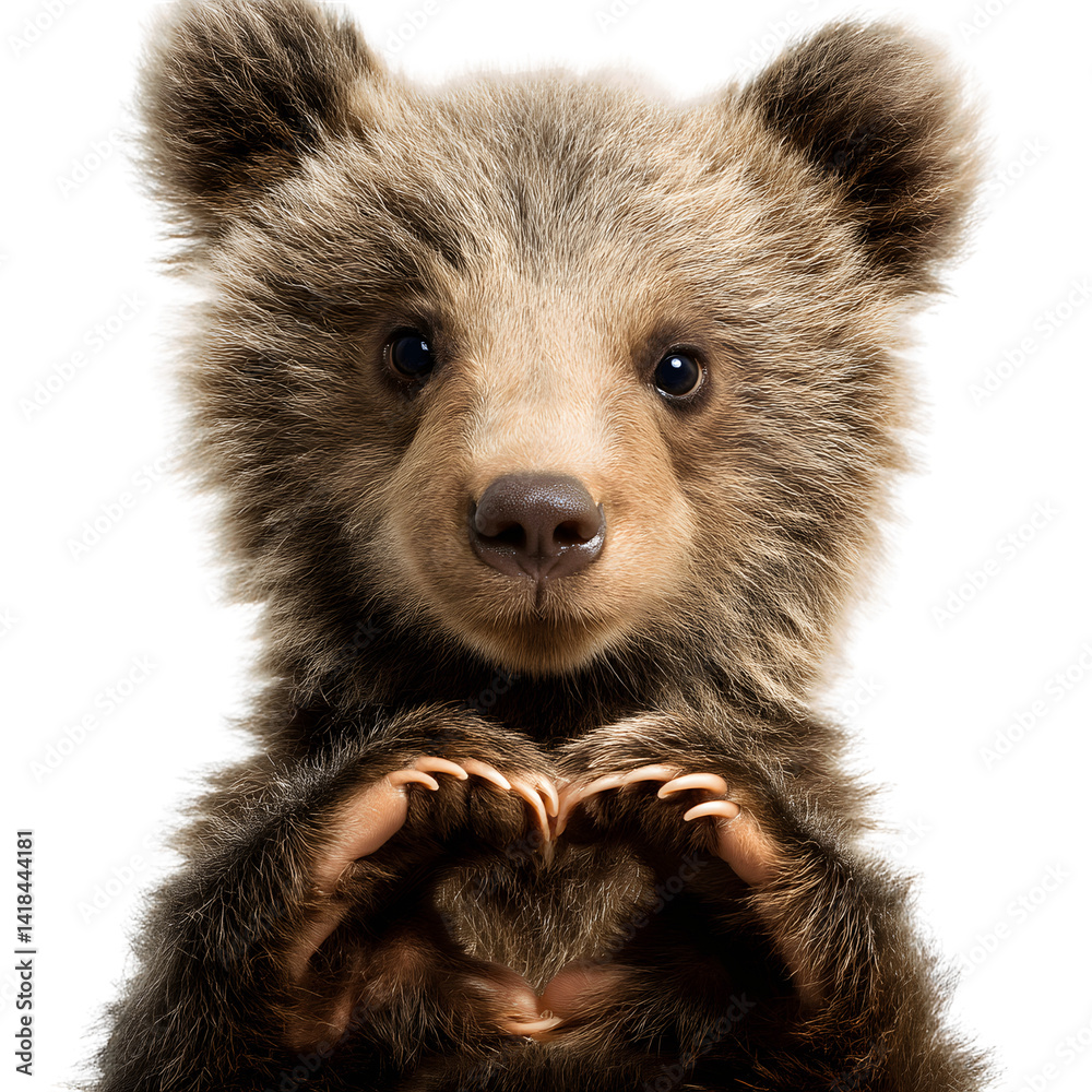 Naklejka premium Cute baby bear cub portrait making a heart with paws adorable animal image