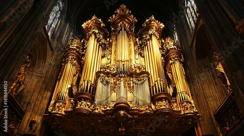 Ornate golden pipe organ in a cathedral.