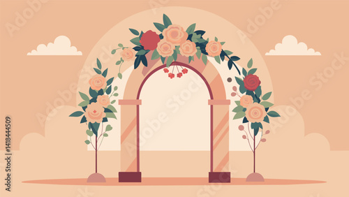 An elegant floral archway adorned the entrance of the chapel setting the scene for the couples intimate anniversary renewal ceremony.. Vector illustration