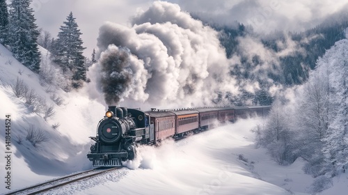 A vintage steam train travels through a snowy winter landscape
