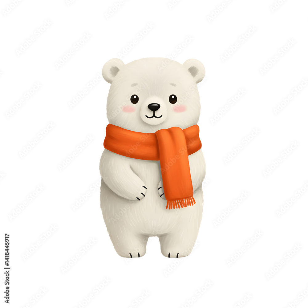 Naklejka premium Cute polar bear cartoon illustration wearing orange scarf winter animal art