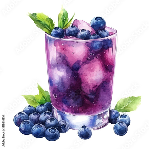 Blueberry Juice With A Blueberry Garnish, watercolor vector, isolated on a white background.