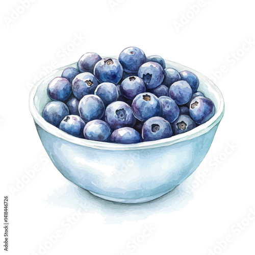 Blueberries In A Porcelain Bowl, watercolor vector, isolated on a white background.