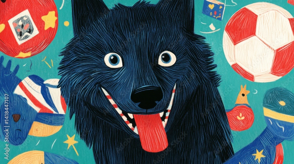 Fototapeta premium Blue Wolfs Playful Grin A Whimsical Portrait Amidst Toys