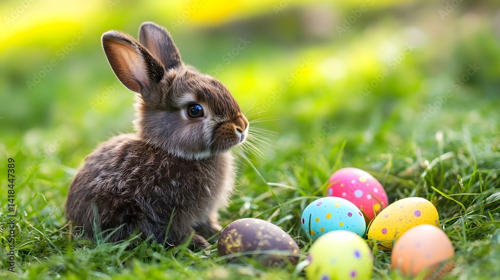 A rabbit rests in lush grass surrounded by colorful Easter eggs, symbolizing spring and the festive spirit of Easter celebrations.