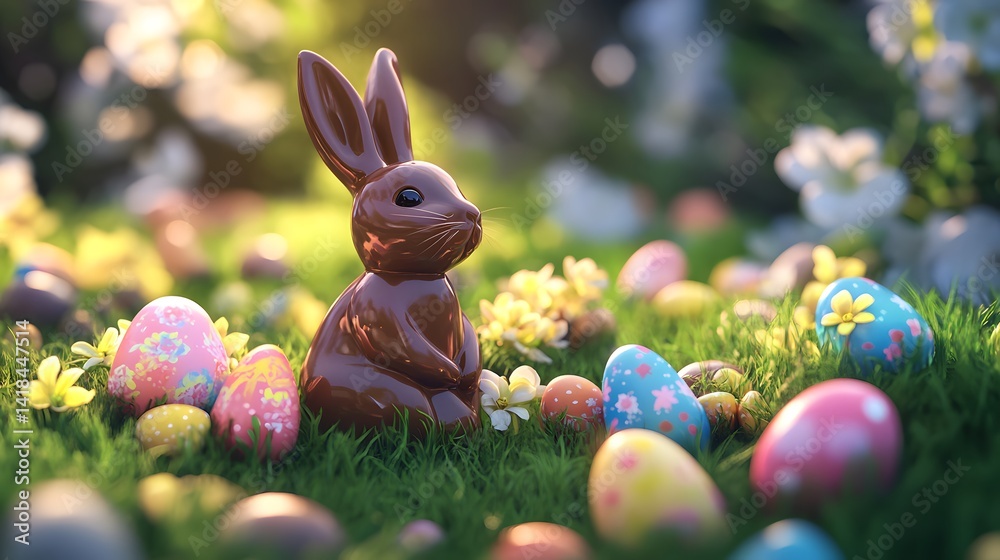 A chocolate bunny surrounded by colorful eggs in the grass, symbolizing Easter celebration with a festive and spring vibe.