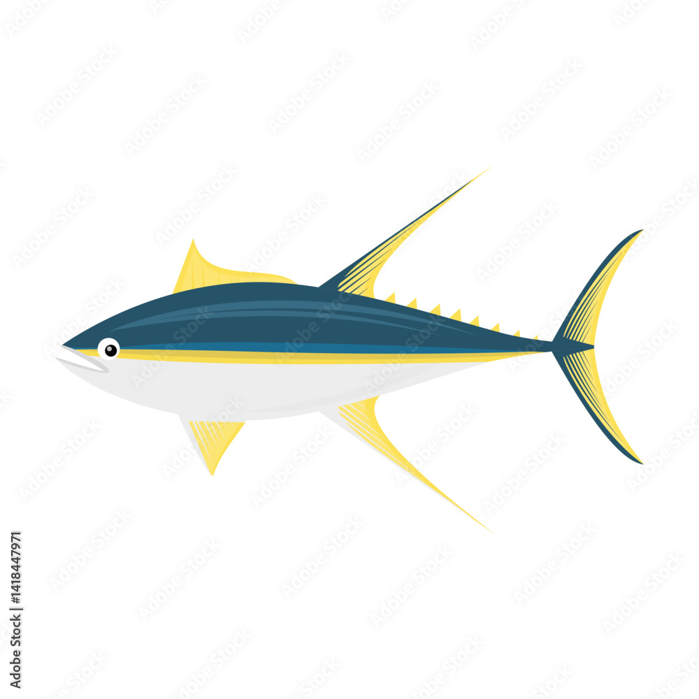 Fototapeta premium Yellowfin tuna fish with blue and yellow body, streamlined shape, and long dorsal fins isolated on white background, perfect for seafood menu, educational, or marine designs