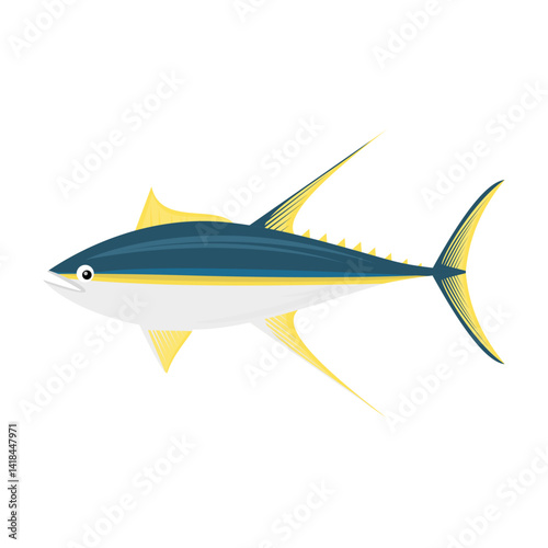 Yellowfin tuna fish with blue and yellow body, streamlined shape, and long dorsal fins isolated on white background, perfect for seafood menu, educational, or marine designs