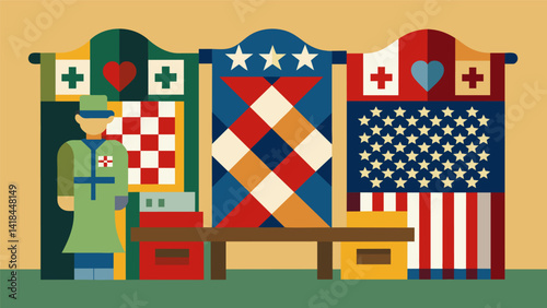 A display of handmade quilts lovingly created by volunteers for soldiers and veterans as a symbol of comfort and gratitude.. Vector illustration
