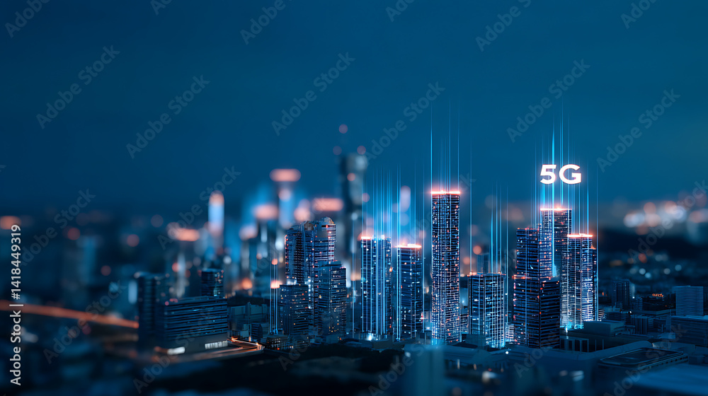 Obraz premium Futuristic 5G Network Visualization Luminescent Digital Infrastructure Transforming Urban Connectivity with Holographic Technological Innovation