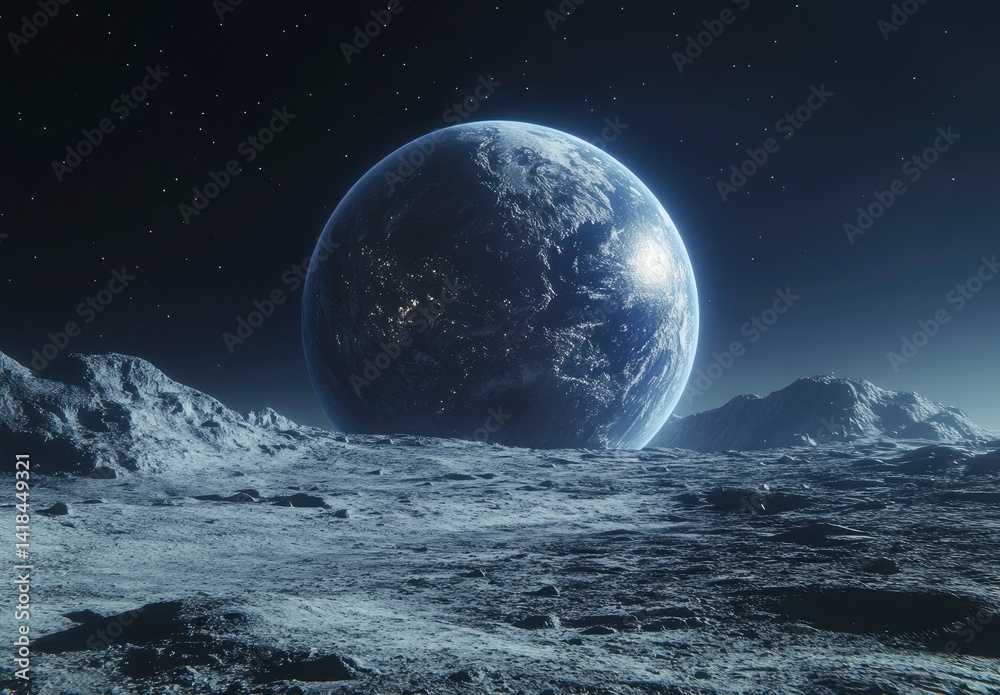 Fototapeta premium Earthrise: A Serene Lunar Landscape with Glowing Planet
