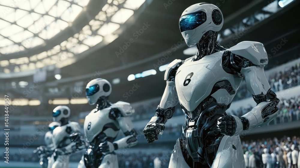 Fototapeta premium Futuristic robots competing in a high-stakes soccer match at a packed stadium under bright lights