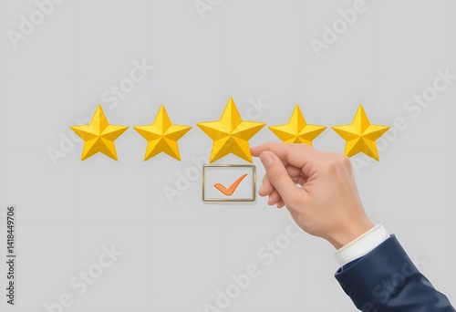 Male hand putting check mark a checkbox on five star rating. Increase rating company concept.
