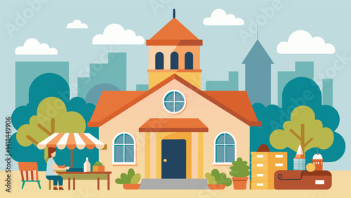 A communitywide garage sale with all proceeds going towards the restoration of a town hall that has stood since the 1800s.. Vector illustration