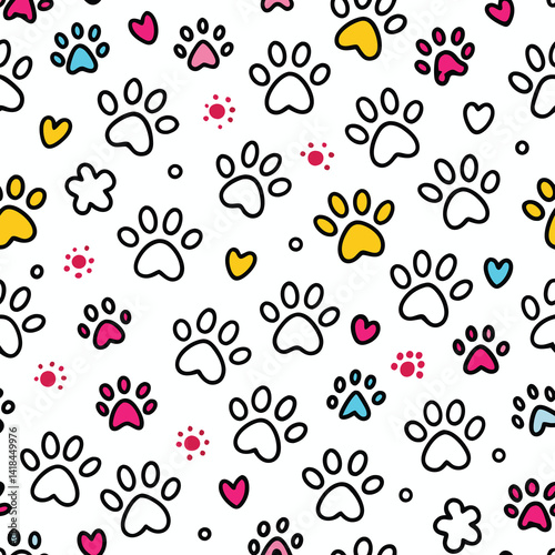 Cute Paw Prints and Hearts Seamless Pattern