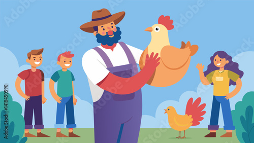 A farmer lovingly holds a plump chicken and proudly displays it to a group of curious customers.. Vector illustration
