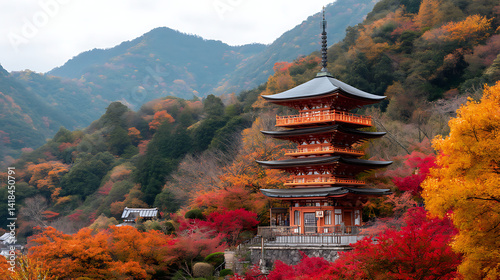 Immersive Cultural Heritage Ethereal Japanese Pagoda Architectural - Autumn Aesthetic Tourism Experience in Kyotos Timeless Landscape Design photo