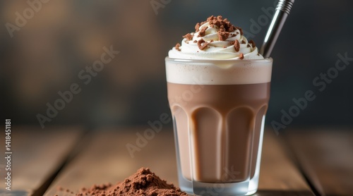 Indulge in the rich creaminess of a chocolate milkshake topped with whipped cream, chocolate syrup, and a classic striped straw against a dark backdrop