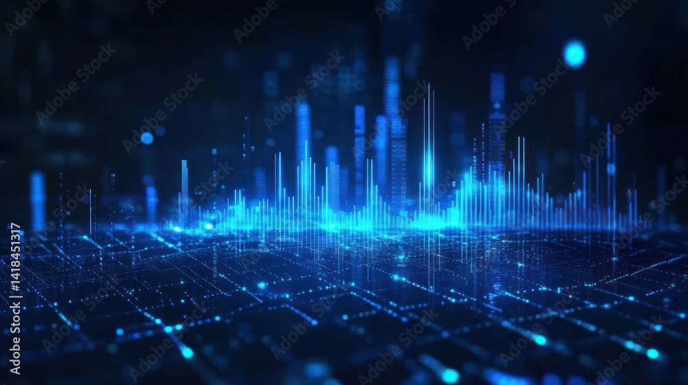 Futuristic cityscape skyline, glowing blue digital lines, network grid Futuristic cityscape skyline, glowing blue digital lines, network grid