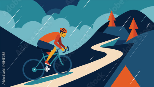 A sudden burst of rain hits the rider as they make their way up a steep switchback section forcing them to adapt and conquer the everchanging virtual. Vector illustration