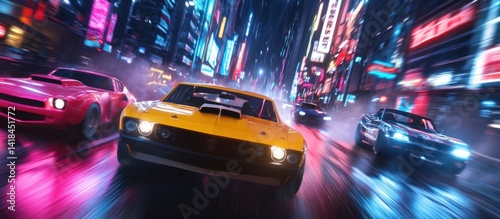 Racing automobiles speed through a neon lit city street at night