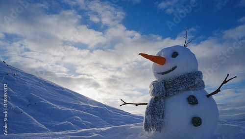 Delightful Snowman Standing Proudly Under a Bright Blue Sky in Winter