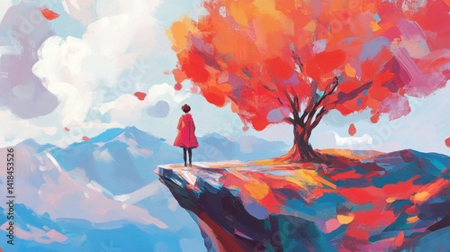 Cliffside Contemplation A lone figure gazes from a colorful precipice under a blazing tree