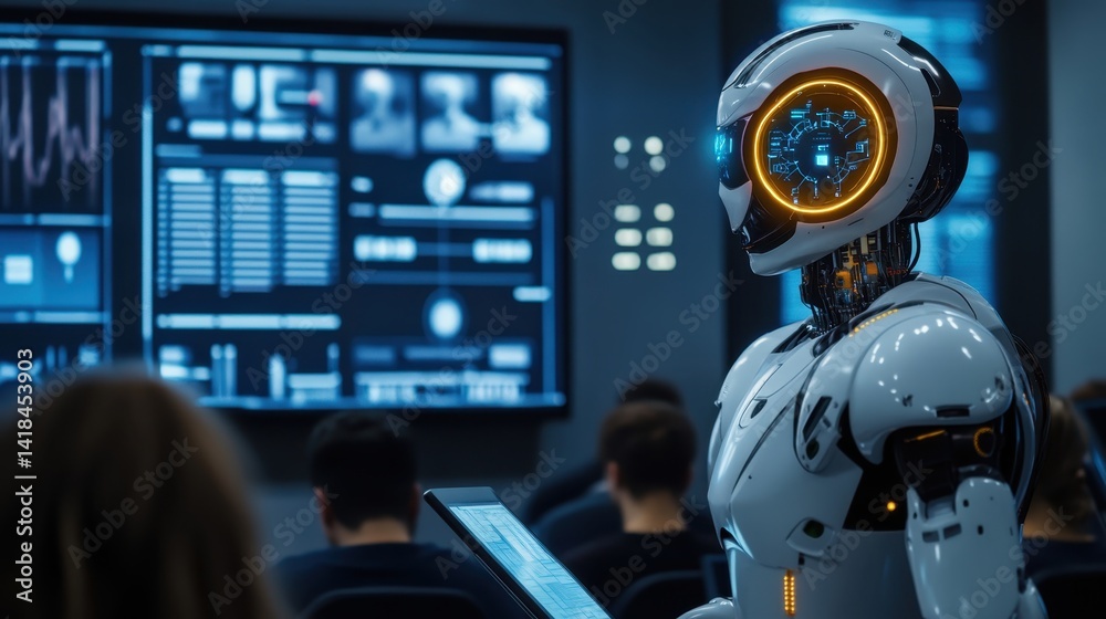 Robot presenting data analysis in a futuristic conference room with engaged audience in the background Robot presenting data analysis in a futuristic conference room with engaged audience in the background